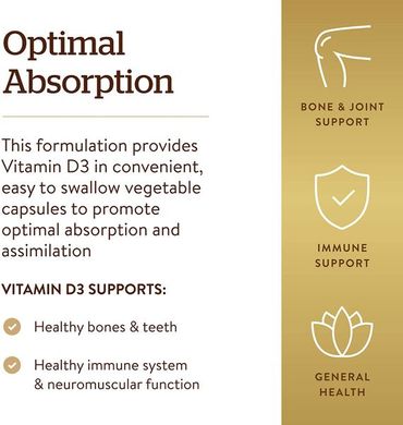 Вітамін Д3, Vitamin D3, Solgar, 125 мкг, 5000 МО, 60 вегетаріанських капсул, SOL-03312