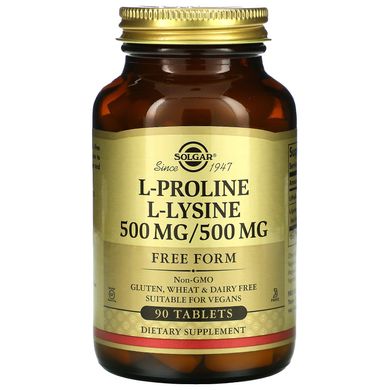 Л-Пролин / Л-Лізин, вільна форма, L-Proline/L-Lysine, Solgar, 500 мг / 500 мг, 90 таблеток, SOL-02279