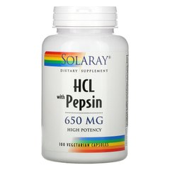 Бетаїн HCL з пепсином, High Potency Betaine HCL with Pepsin, Solaray, 650 мг, 100 вегетаріанських капсул, SOR-04814