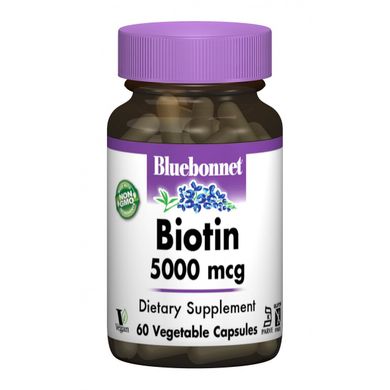 Биотин (B7) Bluebonnet Nutrition (Biotin) 5000 мкг 60 гелевых капсул, BLB-00447