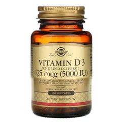 Вітамін Д3, холекальциферол, Vitamin D3, Cholecalciferol, Solgar, 125 мкг, 5000 МО, 100 м'яких желатинових капсул, SOL-19377