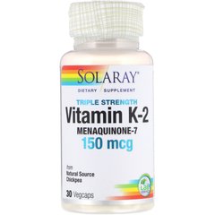 Вітамін К-2 менахінон-7 Solaray (Vitamin K-2) 150 мкг 30 вегетаріанських капсул, SOR-27877