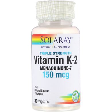 Витамин К-2 менахинон-7 Solaray (Vitamin K-2) 150 мкг 30 вегетарианских капсул, SOR-27877