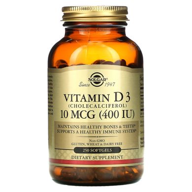 Вітамін Д3, Vitamin D3, Solgar, 400 МО, 250 рідких гелевих капсул, SOL-03321