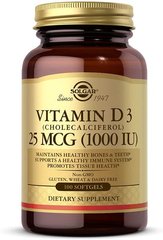 Витамин Д3, Vitamin D3, Solgar, 25 мкг (1000 МЕ), 100 капсул, SOL-03340