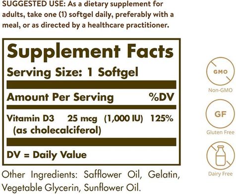 Витамин Д3, Vitamin D3, Solgar, 25 мкг (1000 МЕ), 100 капсул, SOL-03340