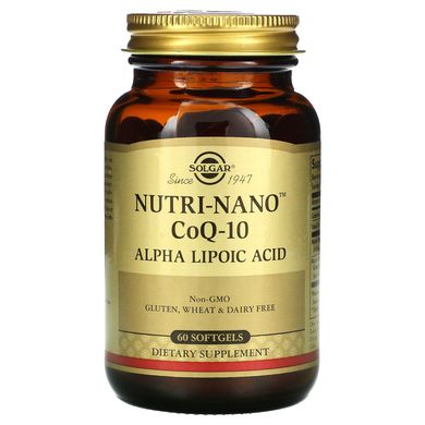 Коэнзим Q10 и альфа липоевая кислота Solgar (Nutri-Nano CoQ-10 Alpha Lipoic Acid) 45 мг/50 мг 60 капсул, SOL-01823