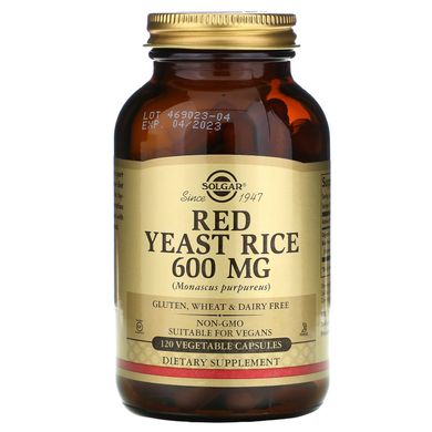 Красный дрожжевой рис, Red Yeast Rice, Solgar, 600 мг, 120 вегетарианских капсул, SOL-02325