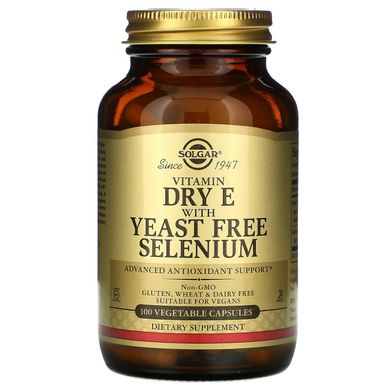 Сухой витамин E с селеном без дрожжей, Vitamin Dry E With Yeast Free Selenium, Solgar, 100 вегетарианских капсул, SOL-03351