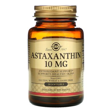 Астаксантин, Astaxanthin, Solgar, 10 мг, 30 м'яких гелевих капсул, SOL-36204